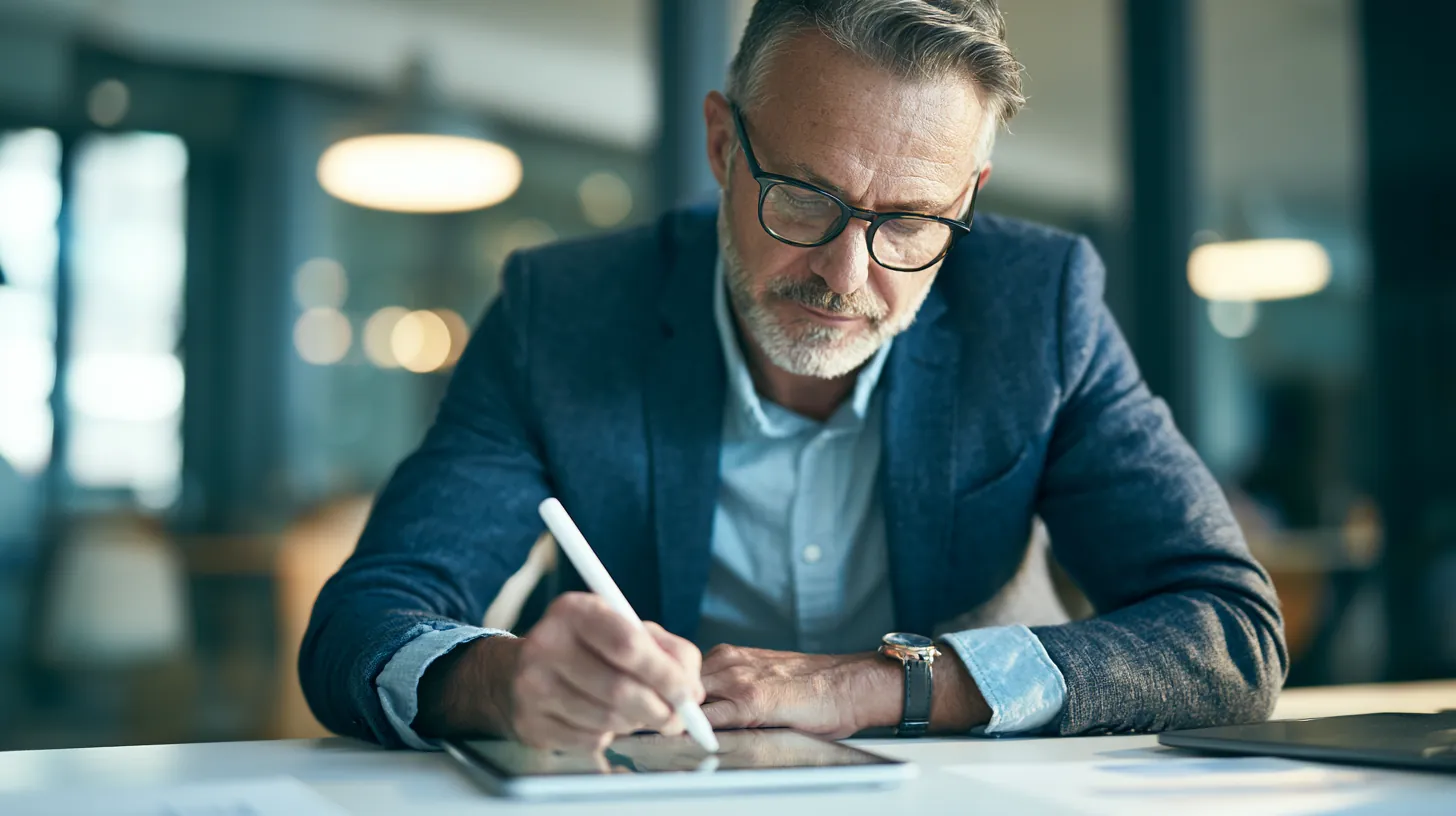 American man signing on a tablet with a stylus while completing a OnePay Later application