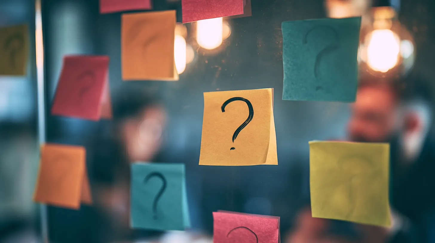 Colorful sticky notes with question marks arranged on a board, the OnePay Later FAQ wall