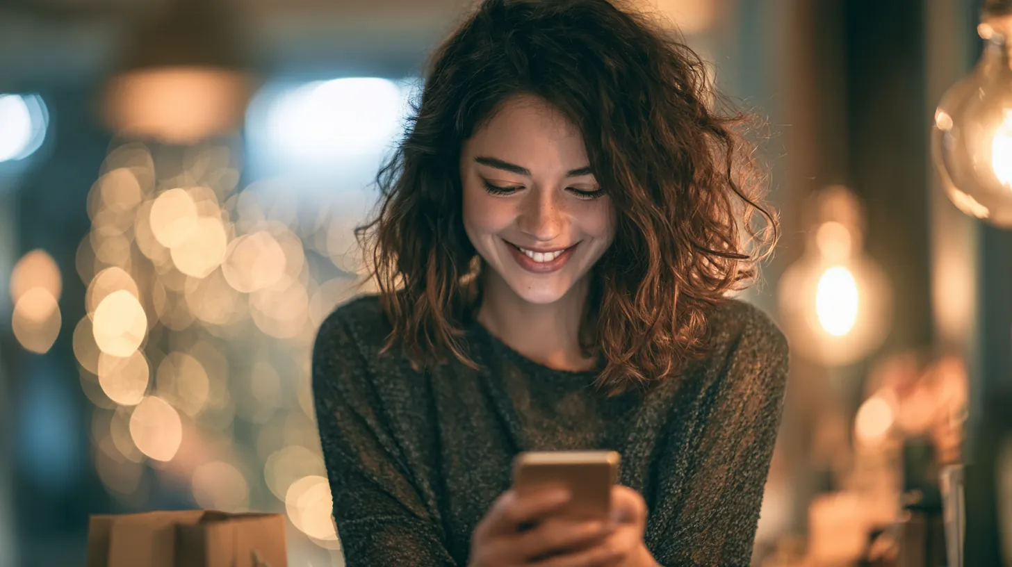 Young American woman smiling while confirming a OnePay Later purchase on her smartphone in a boutique