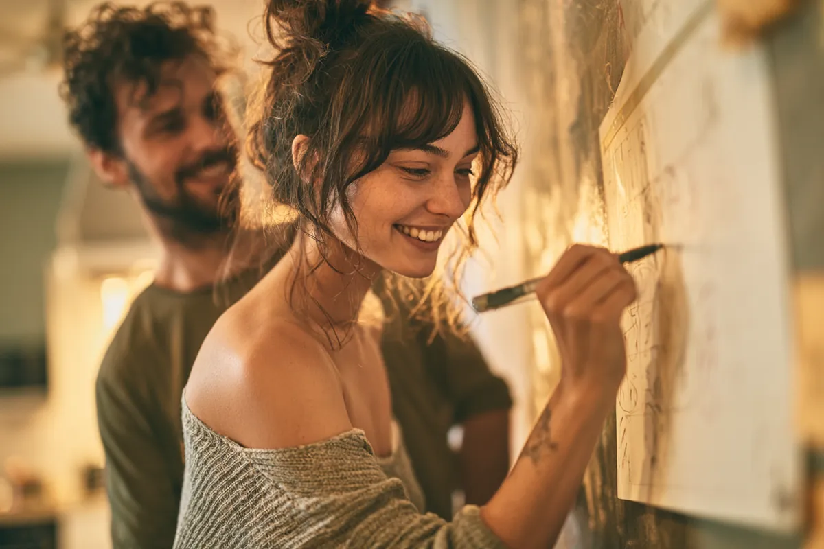 Couple marking payment dates on a wall calendar in their kitchen