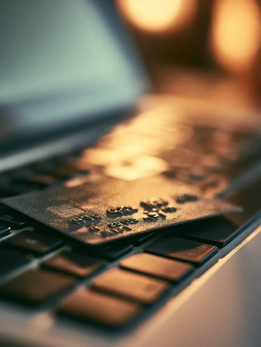 Payment card resting across a laptop keyboard during an online checkout comparison